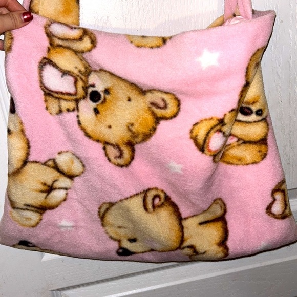 SOFT PLUSH HANDMADE BABY PINK SLEEPY TEDDYBEAR TOTE BAG SATIN LINING - Picture 3 of 5